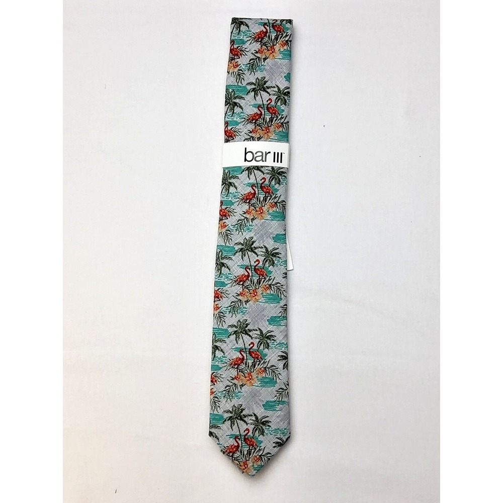 Bar III Tie Kelso Floral Necktie Flamingo Palm Tree Print Cotton Blend NWT